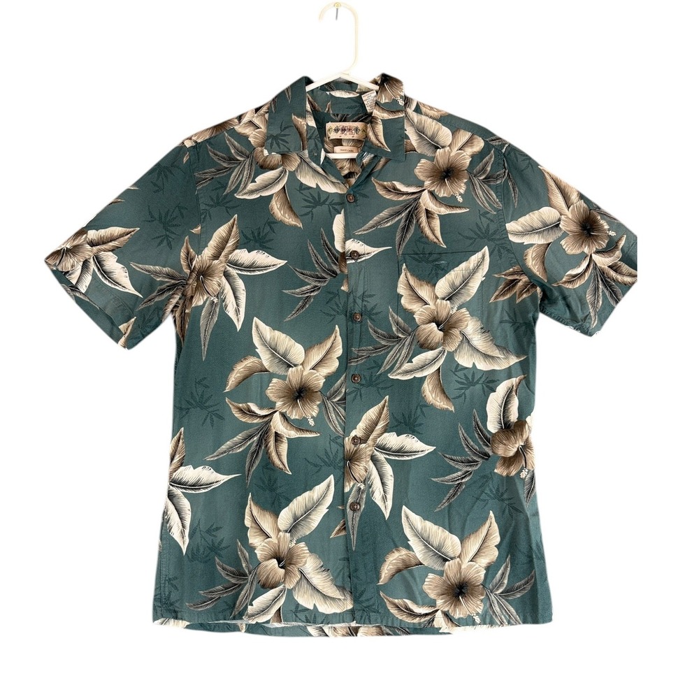 Campia Moda Shirt Mens Medium Teal Tropical Floral Rayon Hawaiian Vacation